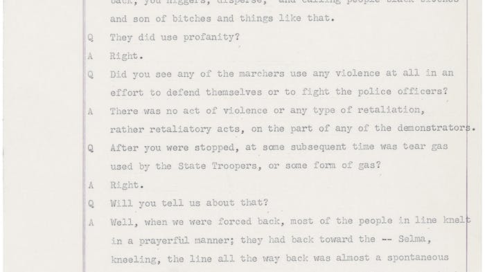 A typed page numbered 297 from a historical document showing a question-and-answer testimony. A witness describes what happened during a civil rights march, including state troopers using racial slurs and ordering marchers to move back, marchers responding peacefully by kneeling in prayer, and troopers then deploying tear gas that made people sick and forced them off the highway. This appears to be testimony related to Bloody Sunday in Selma, Alabama (1965).