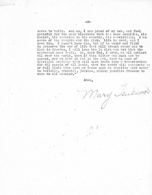 The third page of a typed letter from a Japanese American mother to her son that contains an impassioned prayer to God after he has volunteered to serve in the U.S. military during WWII.