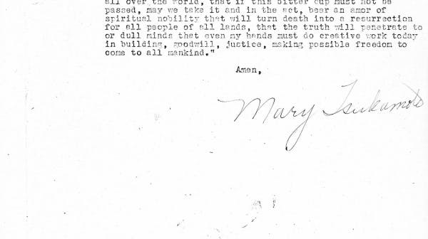 The third page of a typed letter from a Japanese American mother to her son that contains an impassioned prayer to God after he has volunteered to serve in the U.S. military during WWII.