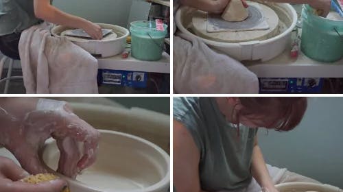 A four-panel photo showing a woman making a clay bowl on a pottery wheel. In the first panel, she sits at the spinning wheel. In the second, she shapes a mound of clay with her hands. In the third, a close-up shows her smoothing the inside of the bowl. In the fourth, she carefully adds finishing details to the rim.