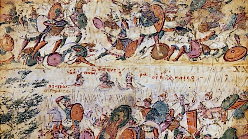A colorful ancient illustration showing two armies of warriors in battle. The soldiers carry round shields and spears and wear armor and helmets. Greek letters are written in red ink between the two battle scenes.