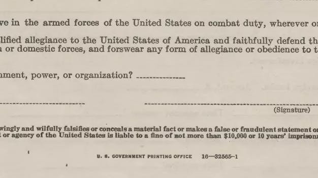 A photo of questions 27 and 28 on the Loyalty Questionnaire, printed by the U.S. Government Printing Office.