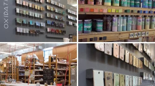 A pottery studio with four views: a wall displaying matte and glossy glaze color samples, shelves filled with colorful jars of glazes and underglazes, a spacious classroom with pottery wheels and shelves of student work, and a wall of small ceramic tile samples showing different glaze finishes.