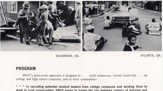 A page from the same SNCC pamphlet. At the top are two black-and-white photographs — one labeled 'Savannah, GA' showing people on a street, and one labeled 'Atlanta, GA' showing a person near a sign referencing freedom. Below the photos is a section titled 'Program' that describes how SNCC trained young student leaders to go into rural communities across the South to organize protest movements, register Black voters, and help people stand up for their civil rights. The text mentions that by summer 1963, SNCC had run direct action campaigns in 49 cities across 13 states.