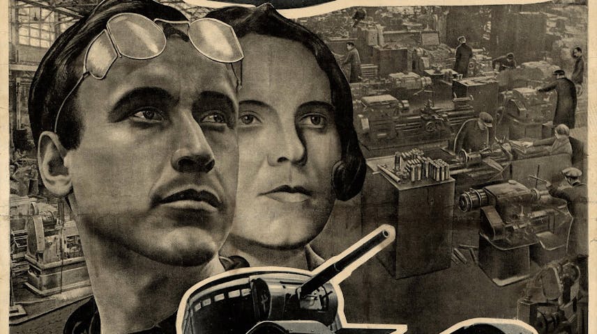Two workers, one male and one female, looking off into the distance while in front of a background of factory workers making military equipment. Includes a picture of a bomber plane above them and a tank below them.