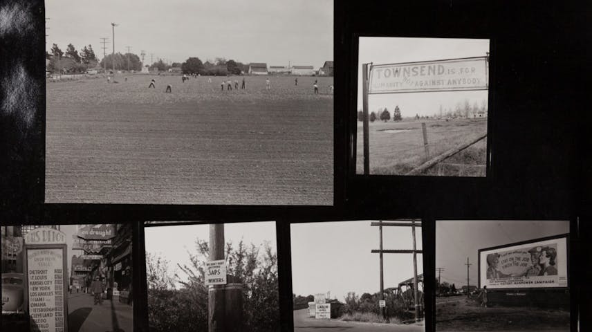 A black-and-white photo collage of five images. The largest photo shows farmworkers bent over in a large open field with utility poles and farm buildings in the background. In the upper right, a roadside sign reads "Townsend is for humanity, not against anybody." The bottom row shows four smaller photos: a busy city street with a bus depot sign listing destinations like Detroit, New York, and Los Angeles; a wooden post with a sign reading "We don't want any more Japs — Winters" (a hateful, racist message targeting Japanese Americans during WWII); a roadside scene with a sign reading "Labor"; and a billboard with a woman's face that reads "Stay on the Job, Finish the Job," a wartime slogan encouraging American workers. Together, the images show everyday life, wartime propaganda, and the discrimination Japanese Americans faced during World War II.
