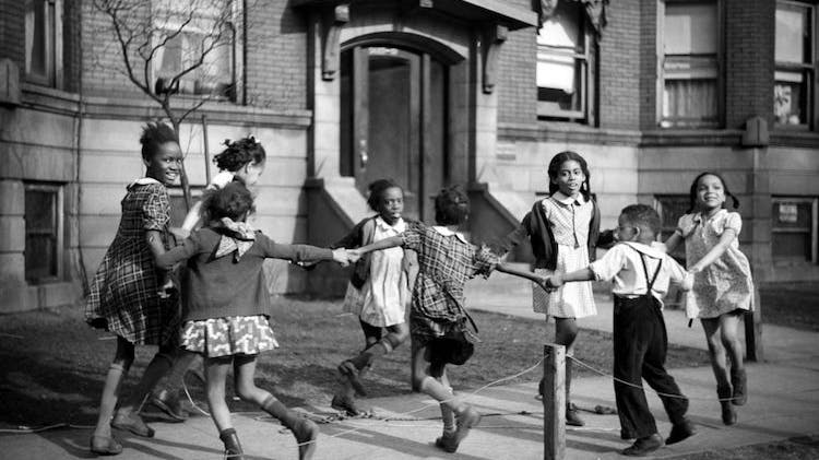 Black-and-white historical photograph from Edwin Rosskam's 1941 South Side Chicago series; exact scene details to be confirmed in production.