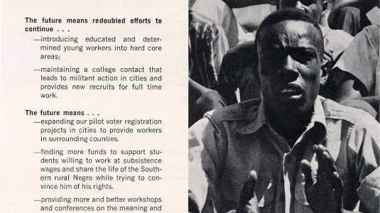 A black-and-white photograph of a young Black man sitting and clapping, with other men visible in the background. The image appears alongside a flyer from SNCC, or the Student Nonviolent Coordinating Committee, a civil rights organization. The flyer, titled "The Future," describes goals like expanding voter registration, supporting student workers in the South, and fighting racial discrimination. It ends with the famous civil rights motto: "We Shall Overcome." The photo was taken in Danville, Virginia.
