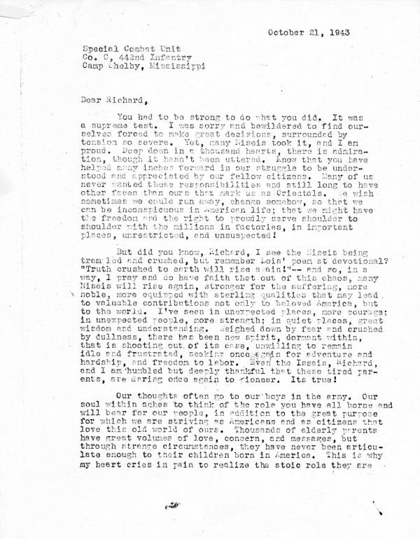 Page 1 of a letter from a Japanese American mother to her son that contains an impassioned prayer to God after he has volunteered to serve in the U.S. military during WWII.
