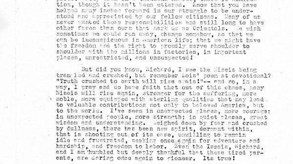 Page 1 of a letter from a Japanese American mother to her son that contains an impassioned prayer to God after he has volunteered to serve in the U.S. military during WWII.