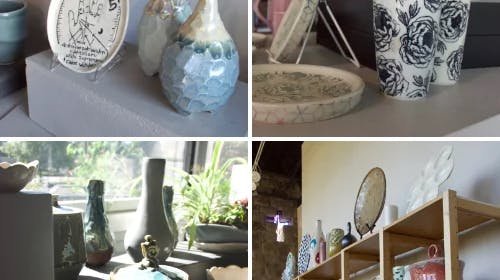 A four-photo collage showing a pottery shop filled with handmade ceramic artwork. The photos display decorative plates, vases, and cups in various colors and designs, including pieces with flower patterns and animal shapes. One photo shows wooden shelves lined with colorful mugs, bowls, and jars available for sale.