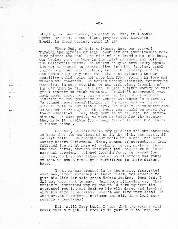 The second page of a typed letter from a Japanese American mother to her son that contains an impassioned prayer to God after he has volunteered to serve in the U.S. military during WWII.