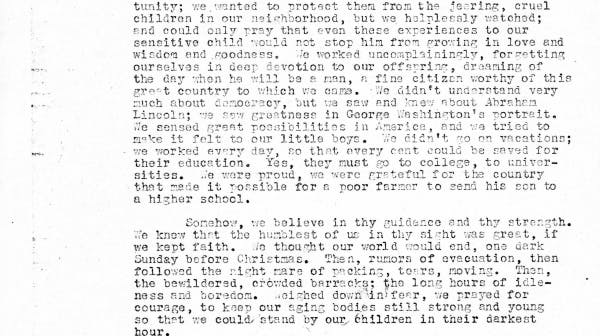 The second page of a typed letter from a Japanese American mother to her son that contains an impassioned prayer to God after he has volunteered to serve in the U.S. military during WWII.